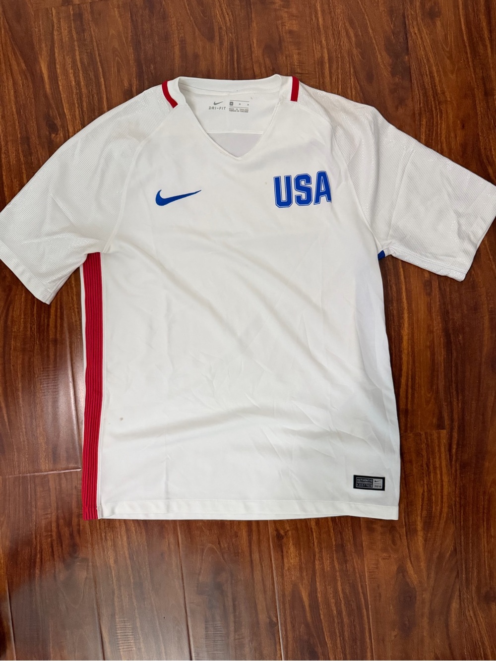 Nike White USA Soccer Jersey with Blue Logo and Red Panels